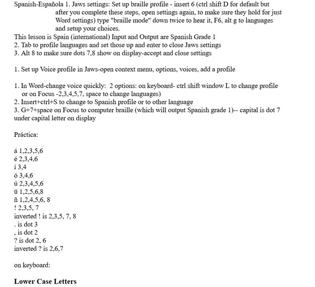 Jaws Spanish language setup for braille and information on how to type it out in WORD