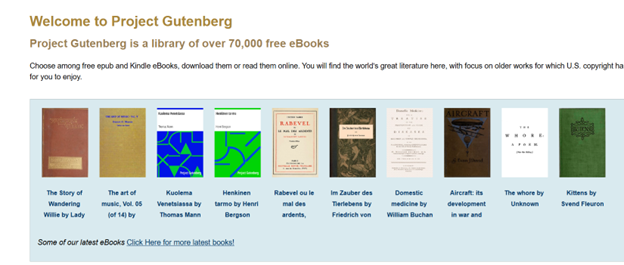 image of project Gutenberg with images of over 70,000 free ebooks