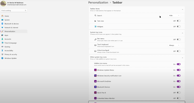 changing taskbar in settings