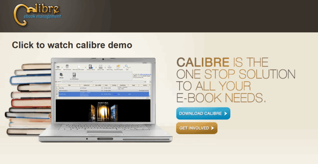 Calibre picture of books stacked up by a laptop computer