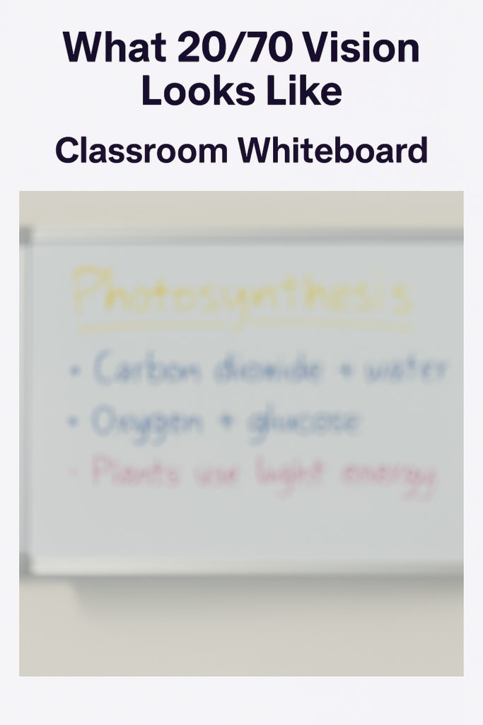 what does 20/70 vision look like seeing a whiteboard 20 feet in the front of the classroom-very blurry and you can struggle to make out most words