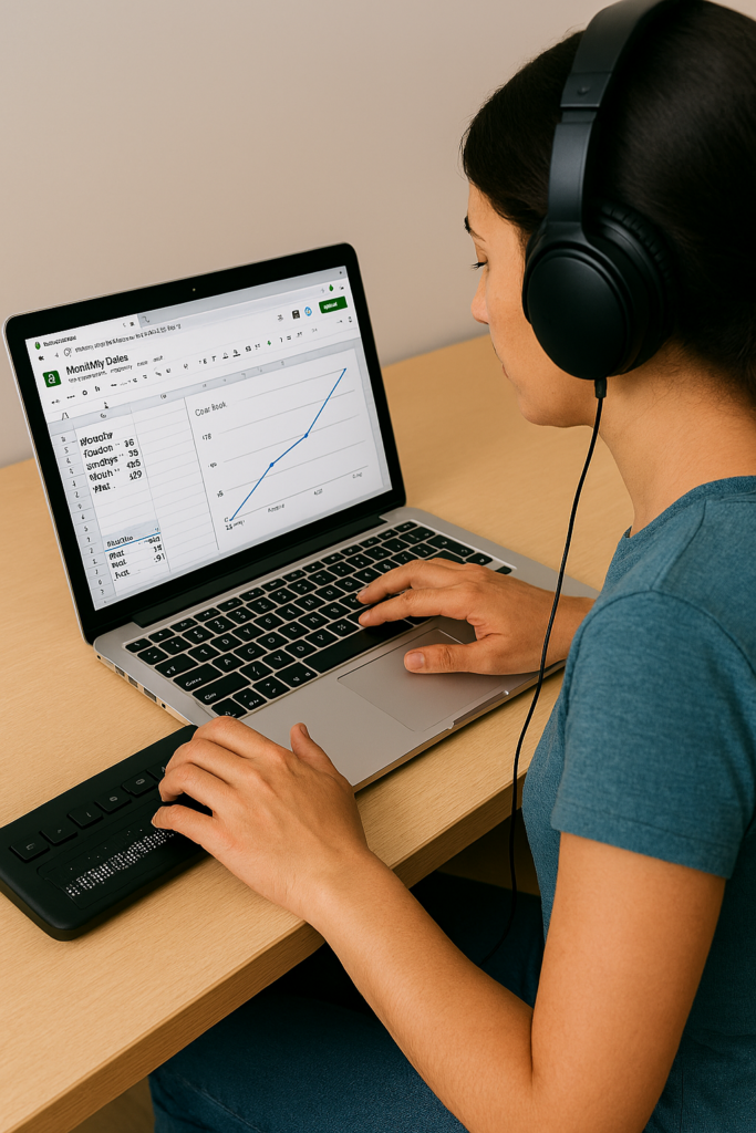 Female creating a Google sheets line graph with Jaws and Braille Display