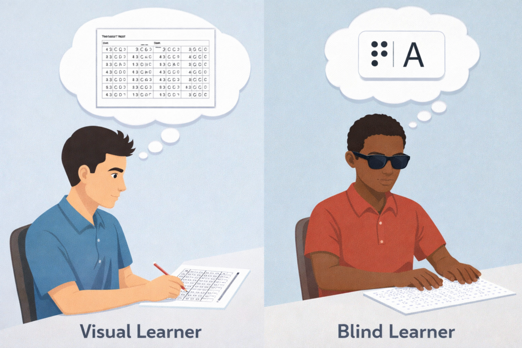 Access  Barriers in Testing for Blind Students- Difference between blind (1 item at a time) and sighted learners (see all in 1 look)