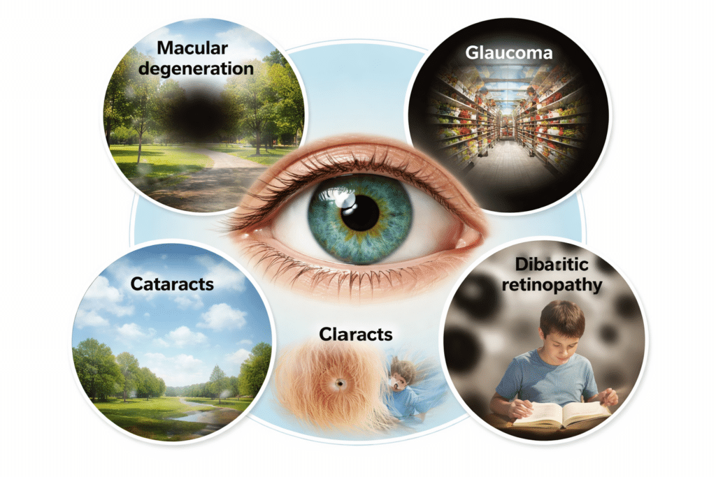 A central blue-green human eye is surrounded by four circular images showing how different eye conditions affect vision: macular degeneration with a dark central blur, glaucoma with tunnel vision, cataracts with overall cloudiness, and diabetic retinopathy with floating dark spots.