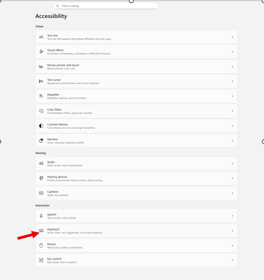accessibility options in windows i go to keyboard