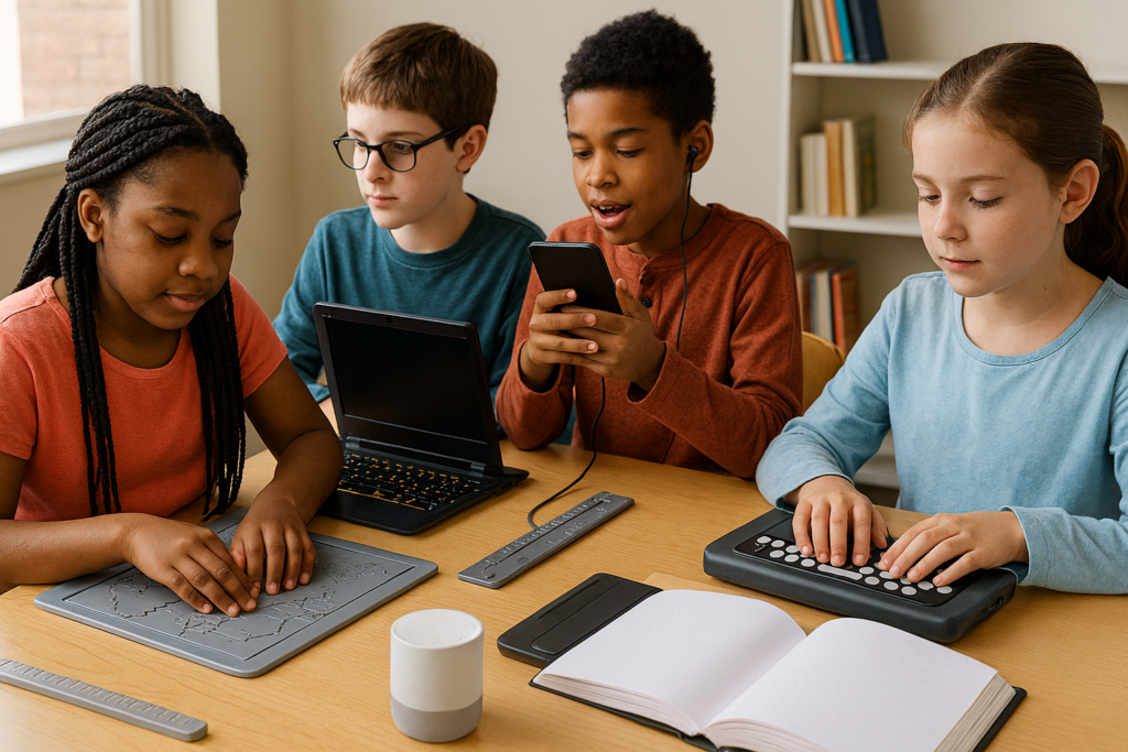 Students using different blind tools