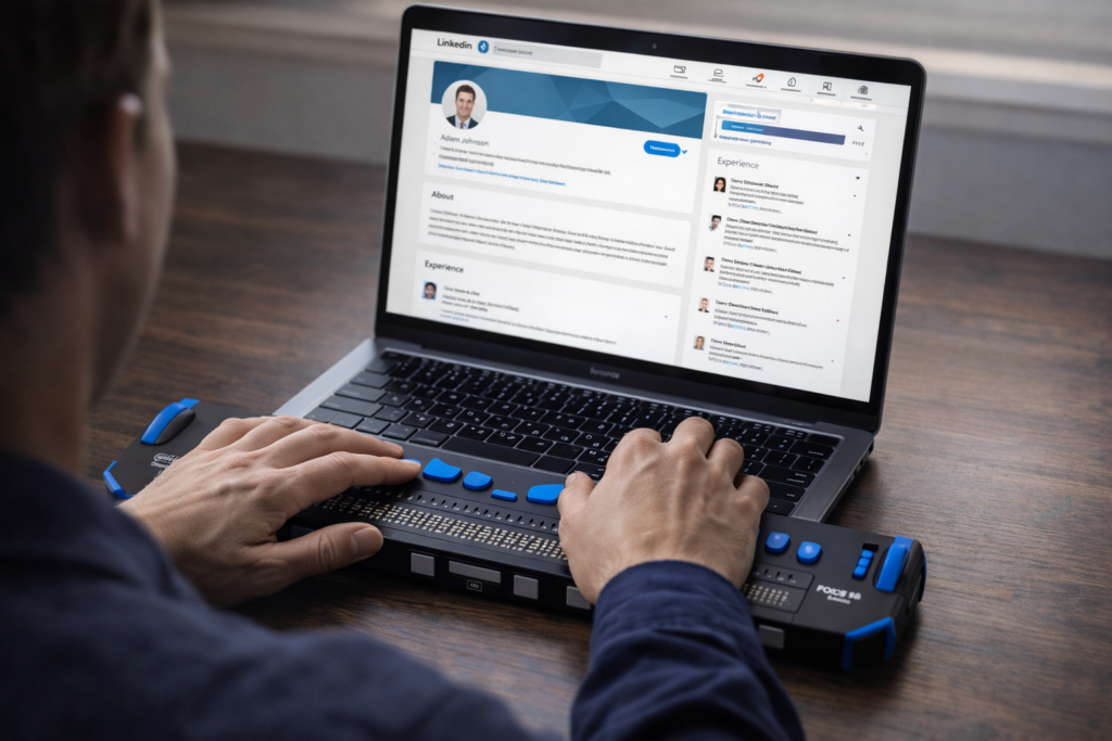 Person navigating linkedin using braille display and screen reader
