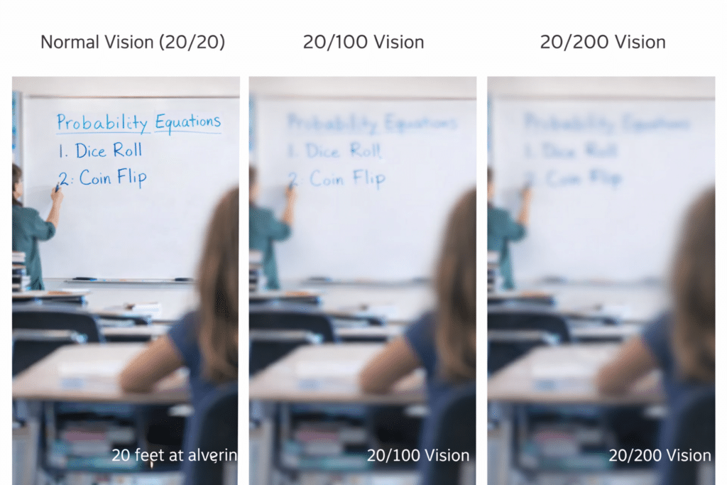 What does 20/100 vision look like: 3 comparisons: 20/20, 20/100 and 20/200