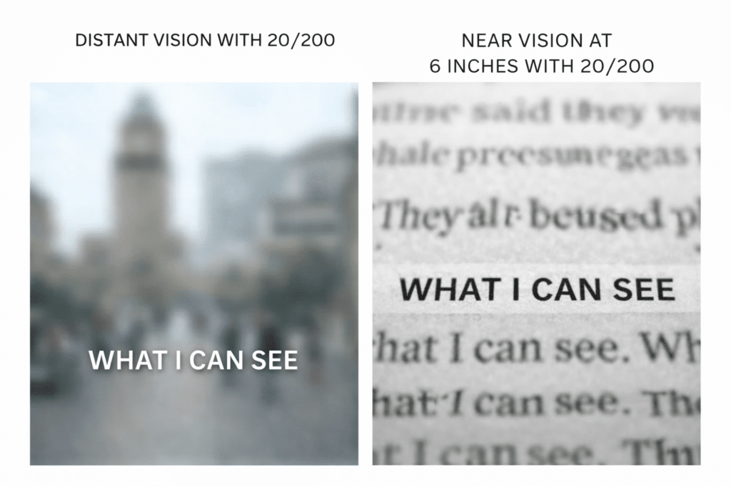 20/200 vision explained-in the distance and up close with 1 line seen at 20/20 perfect vision